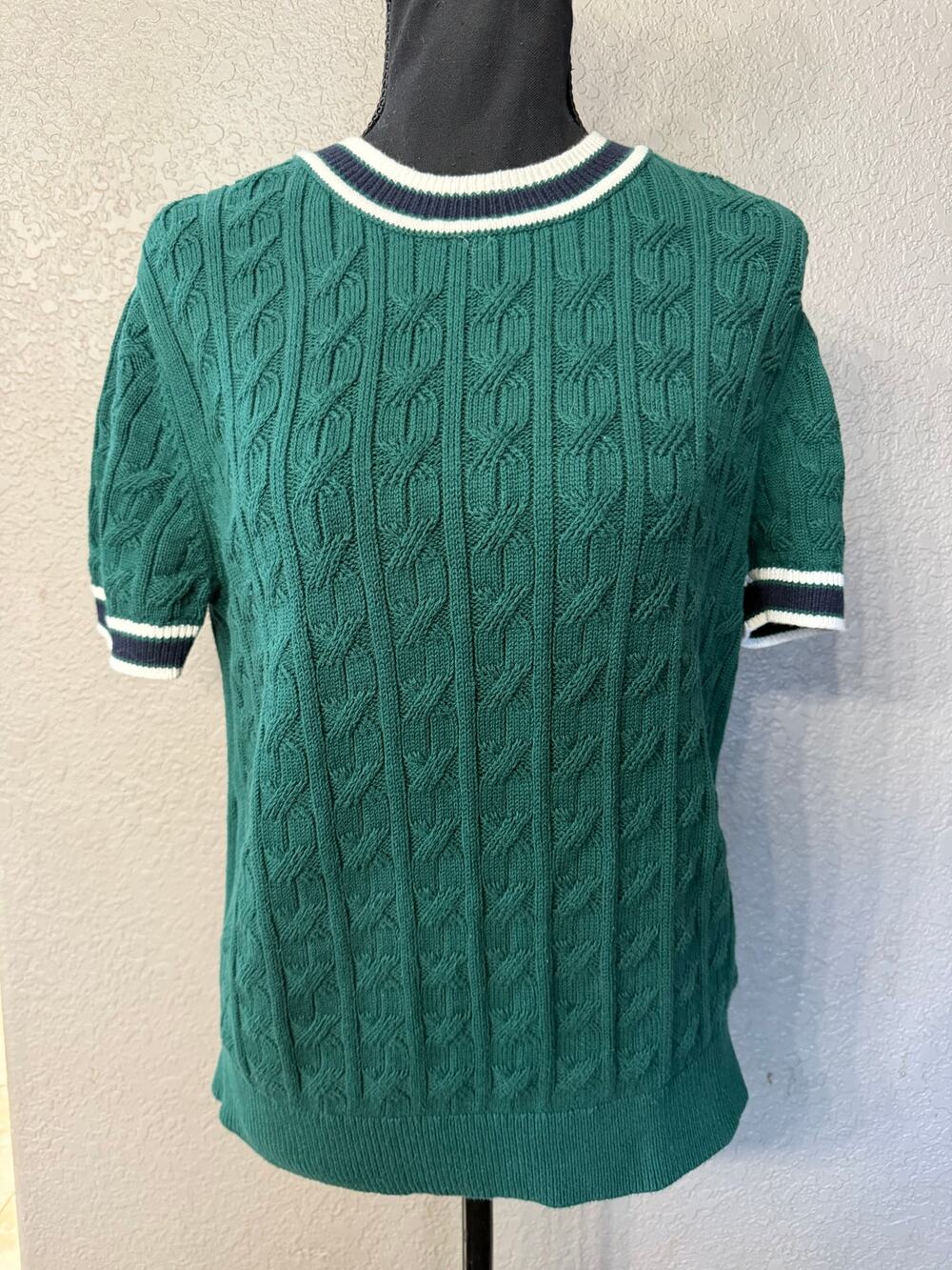 Tommy Hilfiger Womens Sz L Green Cable Knit Retro Cotton Short Sleeve Sweater